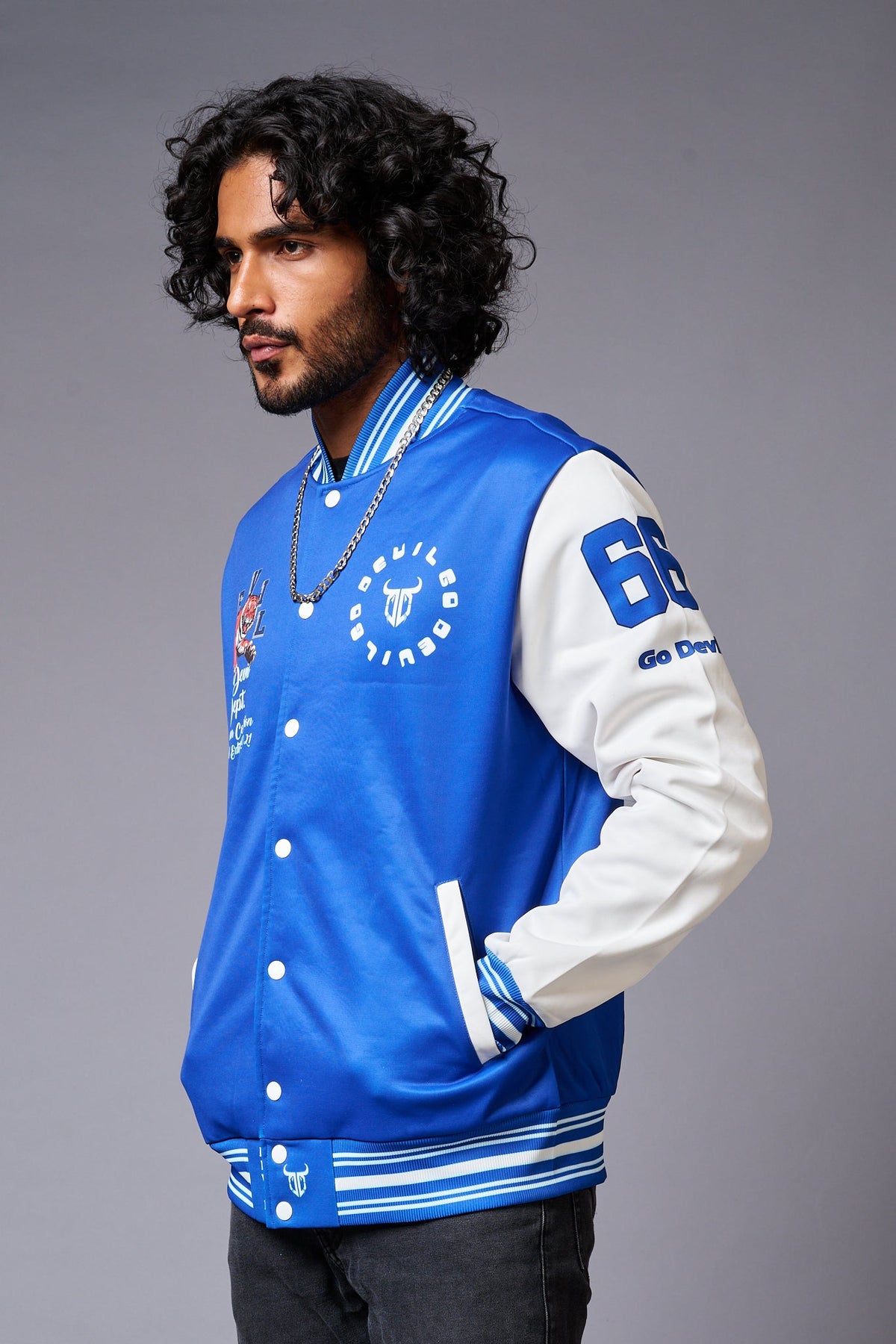 Tiger Printed Blue & White Varsity Jacket for Men - Go Devil