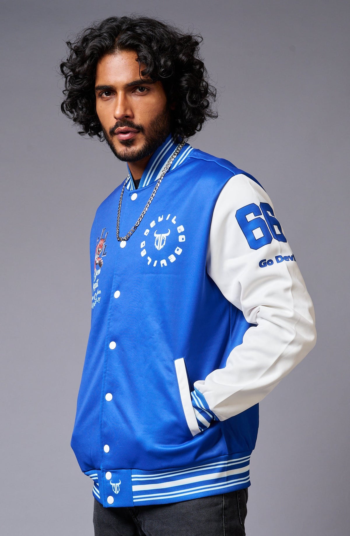 Tiger Printed Blue & White Varsity Jacket for Men - Go Devil