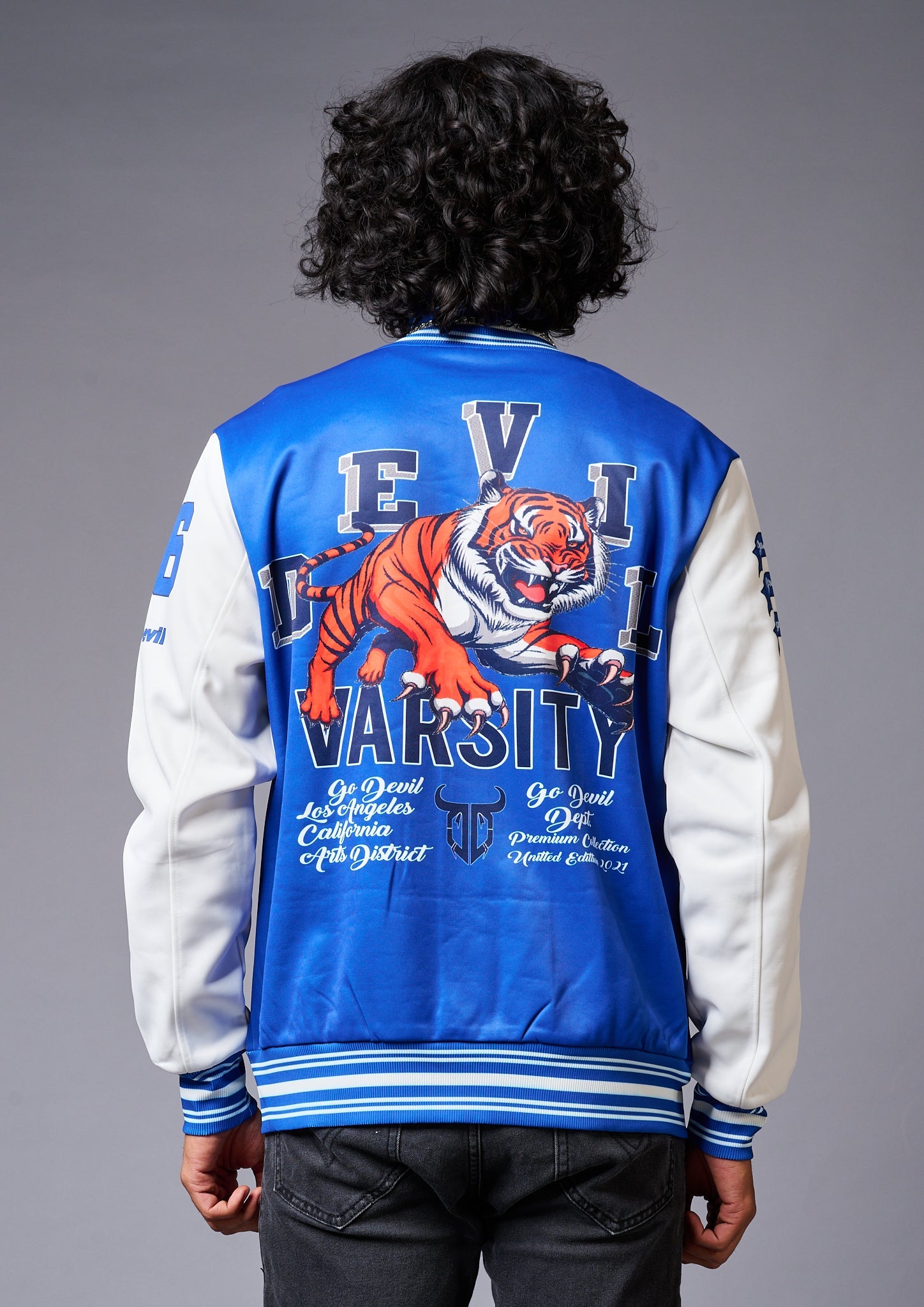 Tiger Printed Blue & White Varsity Jacket for Men - Go Devil