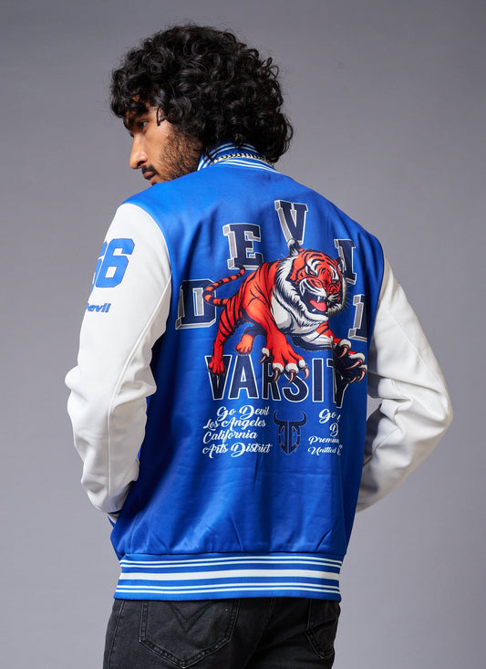 Tiger Printed Blue & White Varsity Jacket for Men - Go Devil