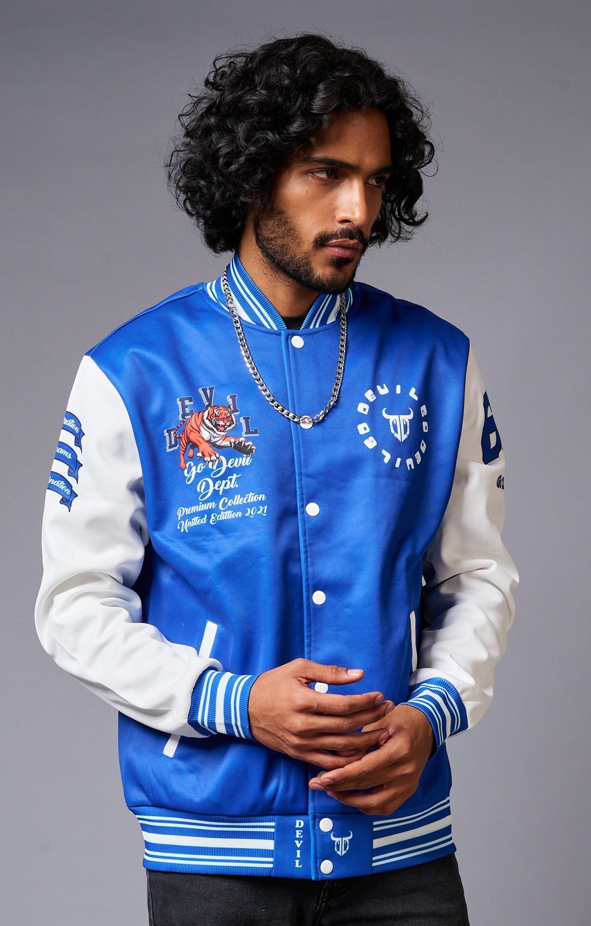 Tiger Printed Blue & White Varsity Jacket for Men - Go Devil