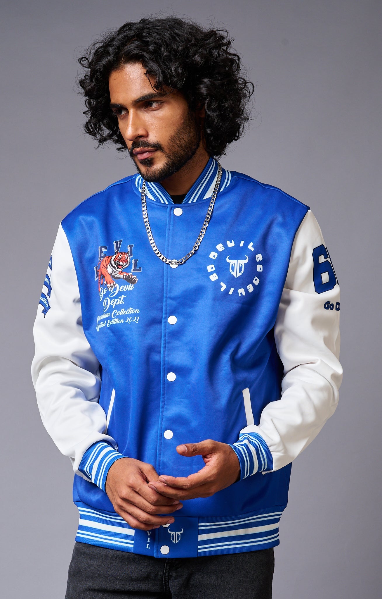 Tiger Printed Blue & White Varsity Jacket for Men - Go Devil
