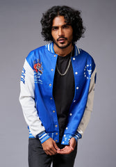 Tiger Printed Blue & White Varsity Jacket for Men - Go Devil
