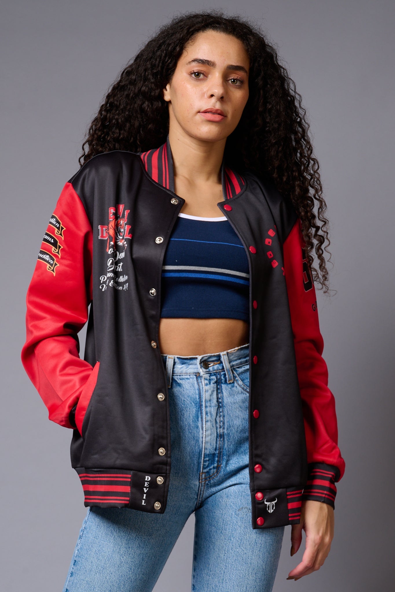 Tiger Printed Red & White Varsity Jacket for Women - Go Devil