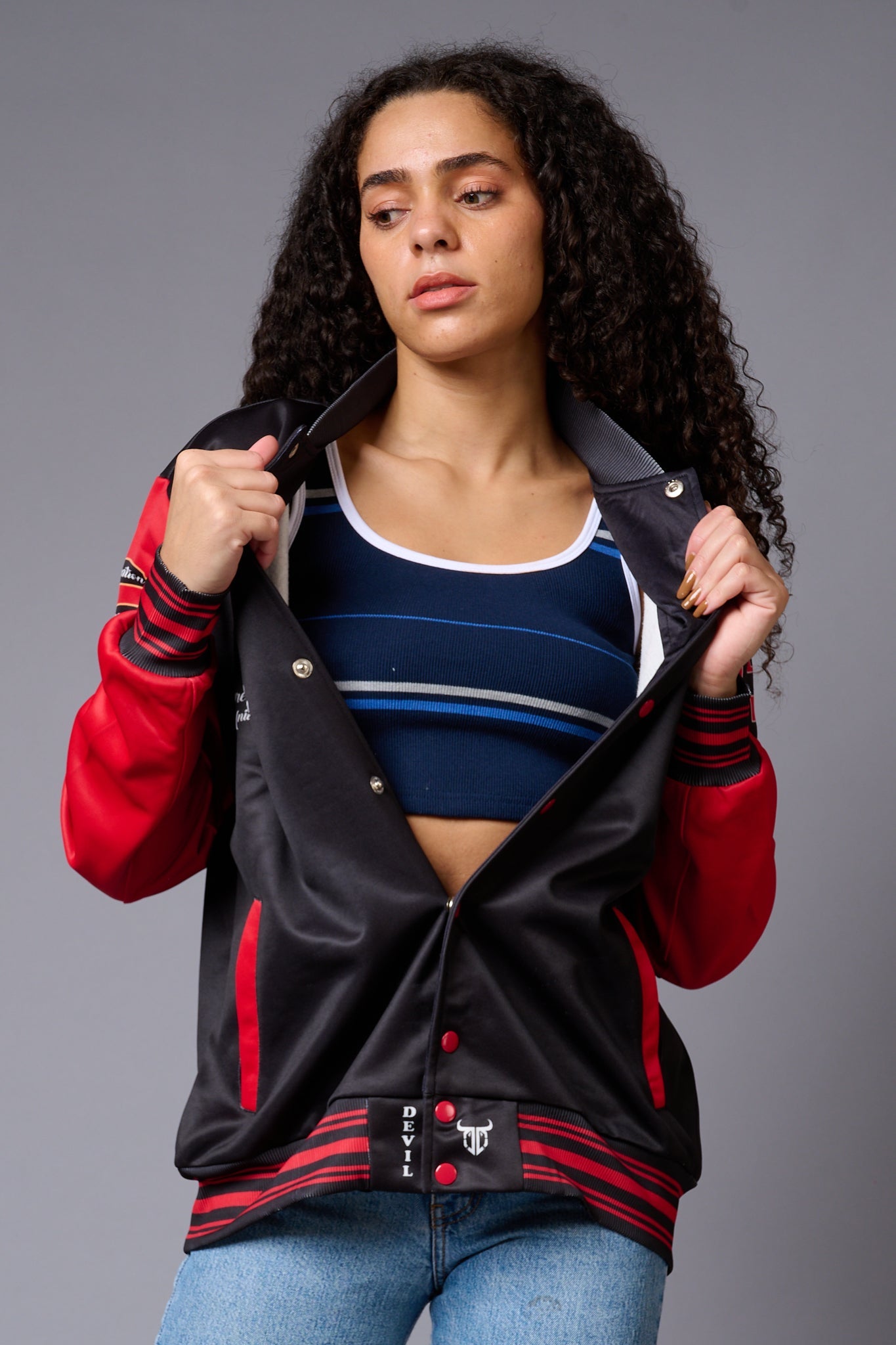 Tiger Printed Red & White Varsity Jacket for Women - Go Devil