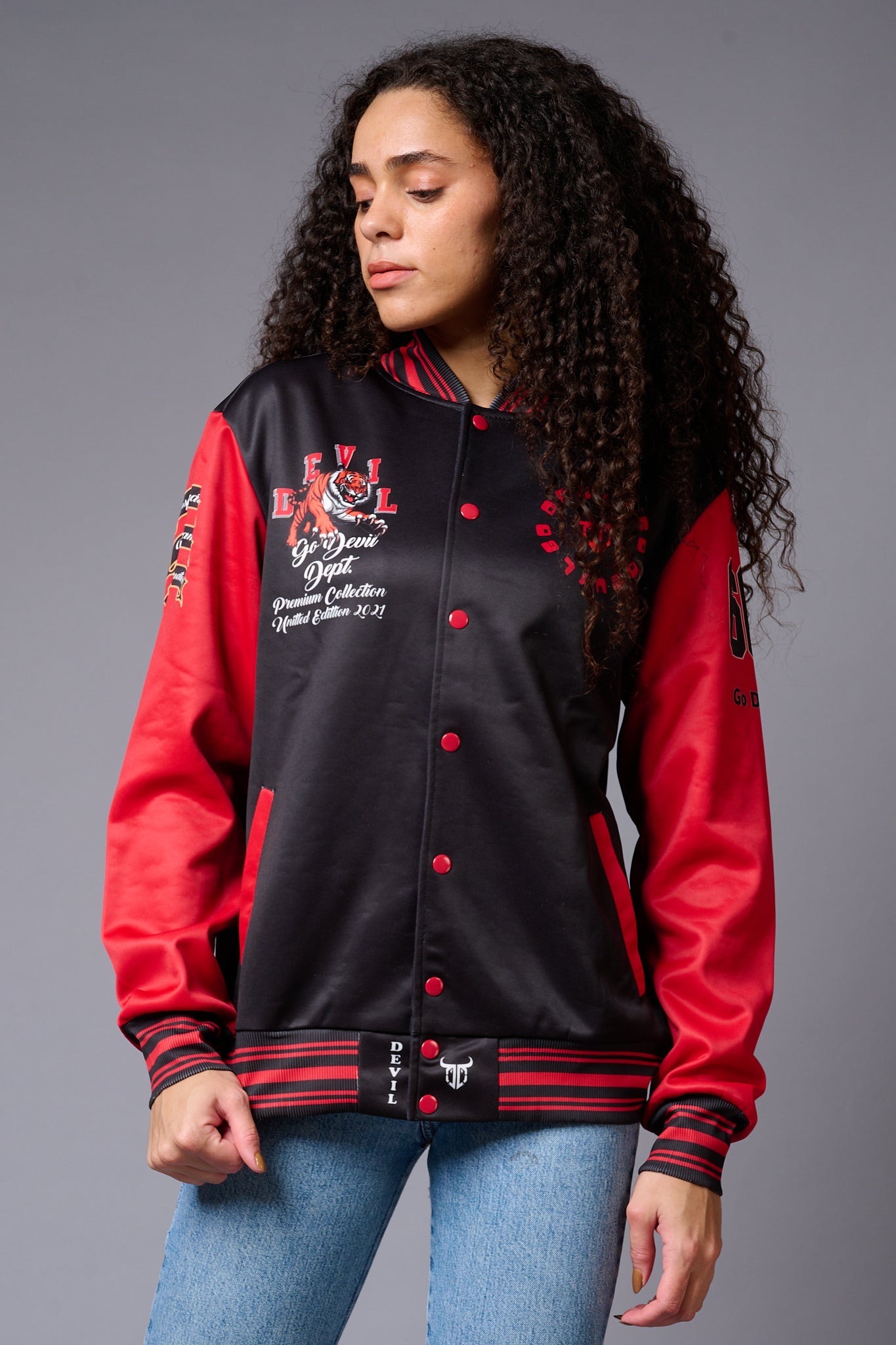Tiger Printed Red & White Varsity Jacket for Women - Go Devil
