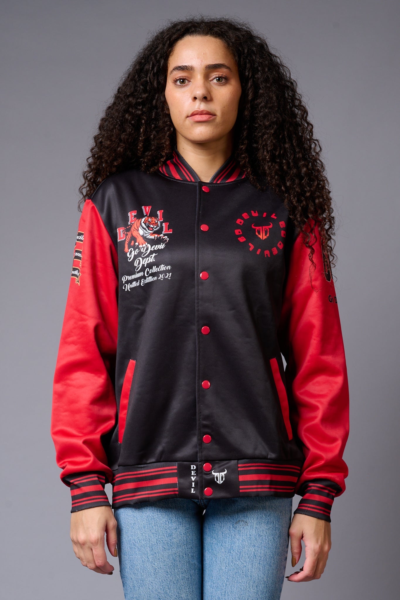 Tiger Printed Red & White Varsity Jacket for Women - Go Devil