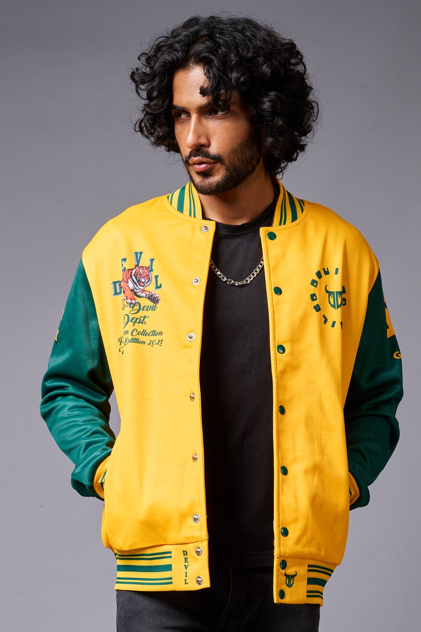 Tiger Printed Yellow & Green Varsity Jacket for Men - Go Devil