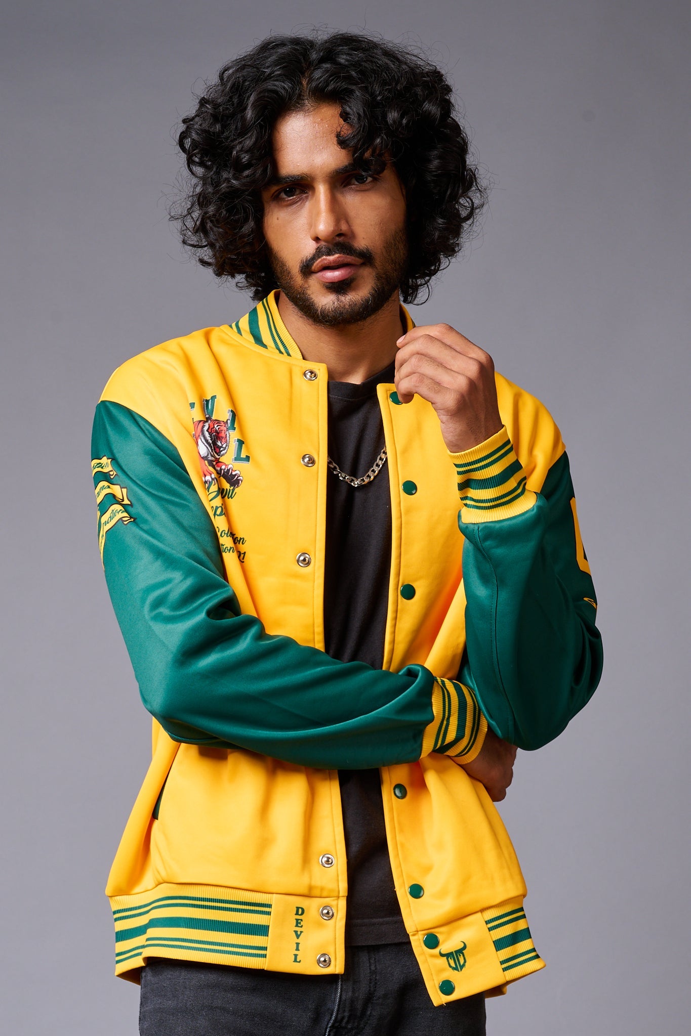 Tiger Printed Yellow & Green Varsity Jacket for Men - Go Devil