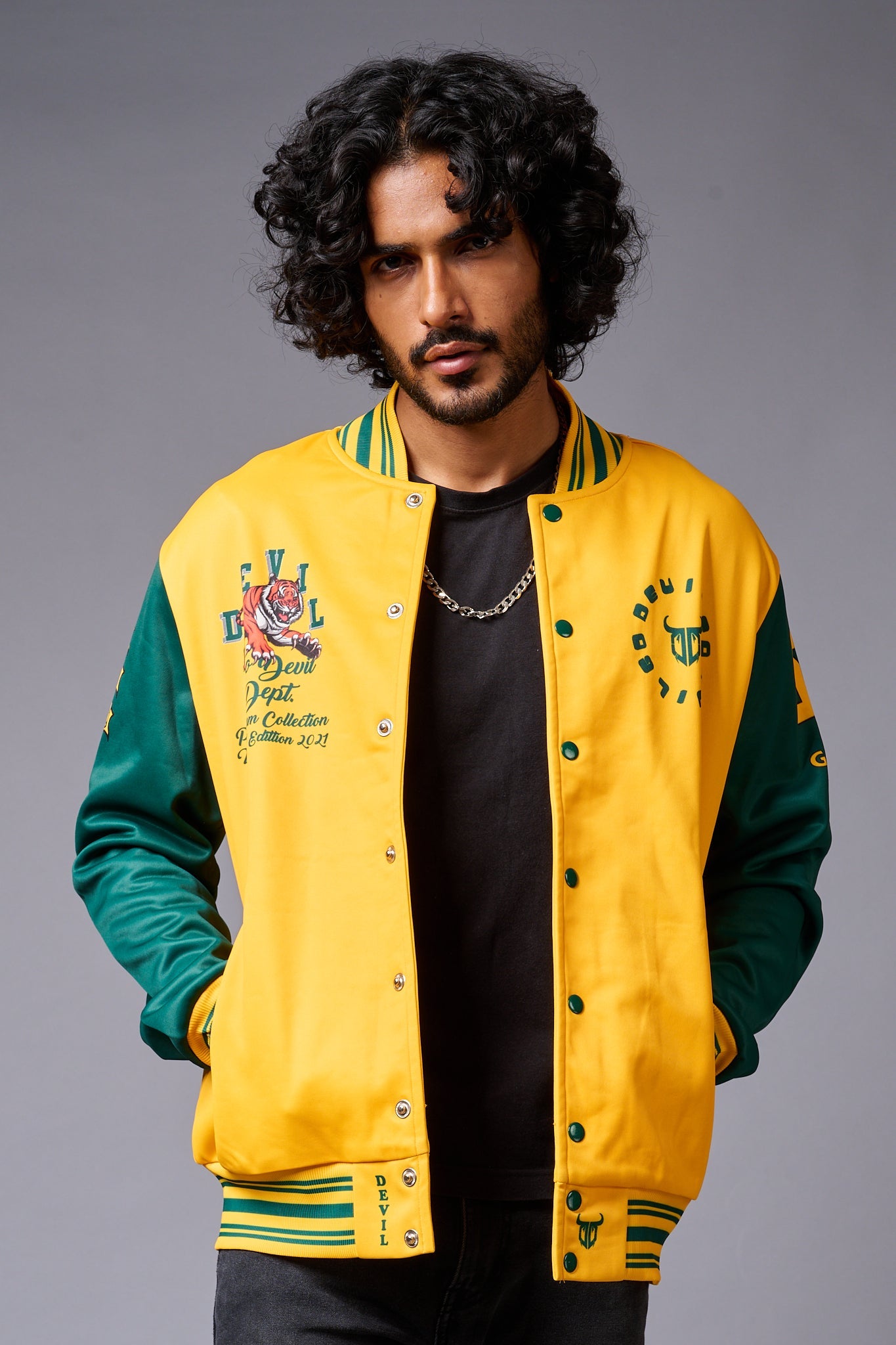 Tiger Printed Yellow & Green Varsity Jacket for Men - Go Devil