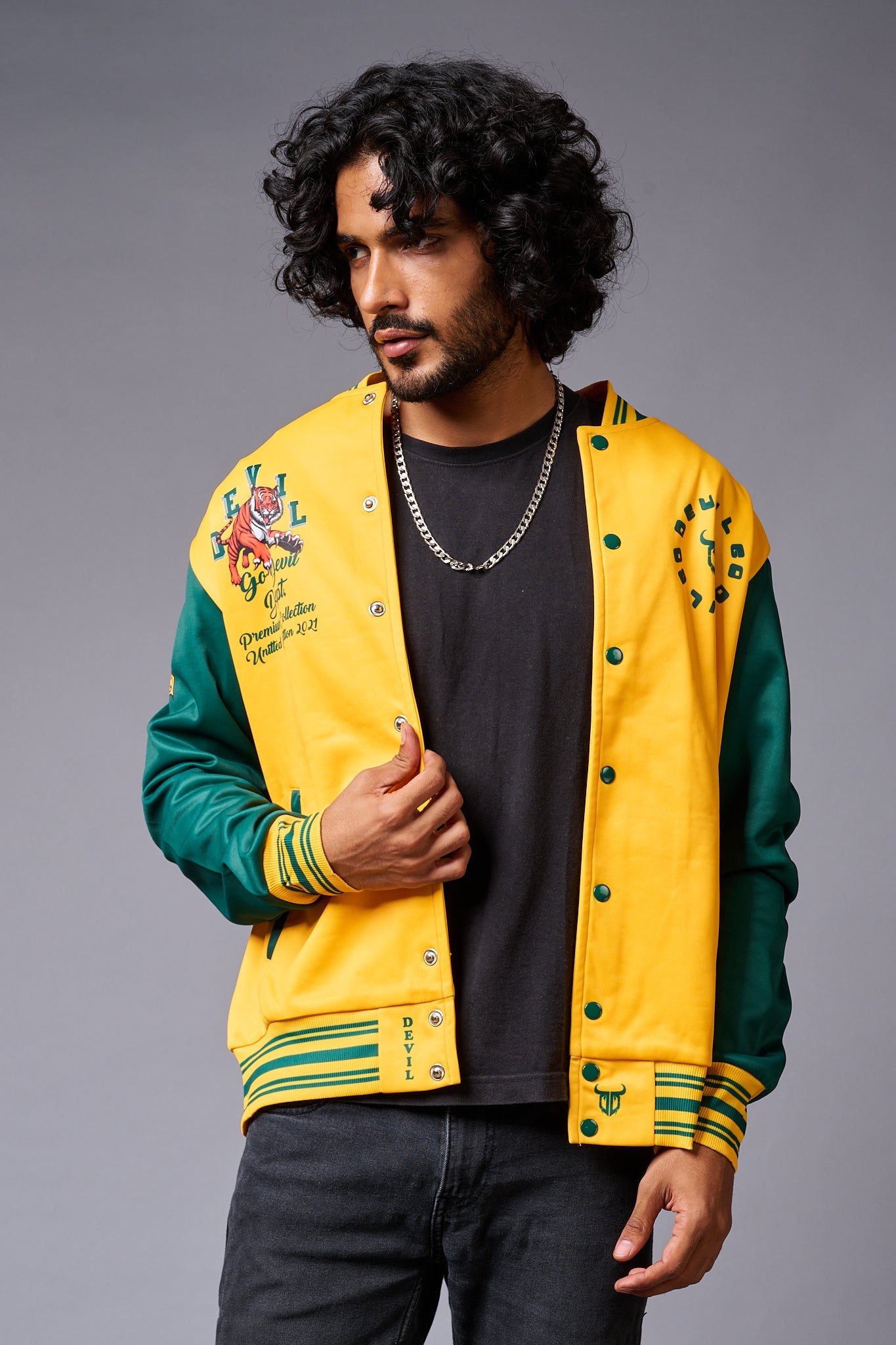 Tiger Printed Yellow & Green Varsity Jacket for Men - Go Devil