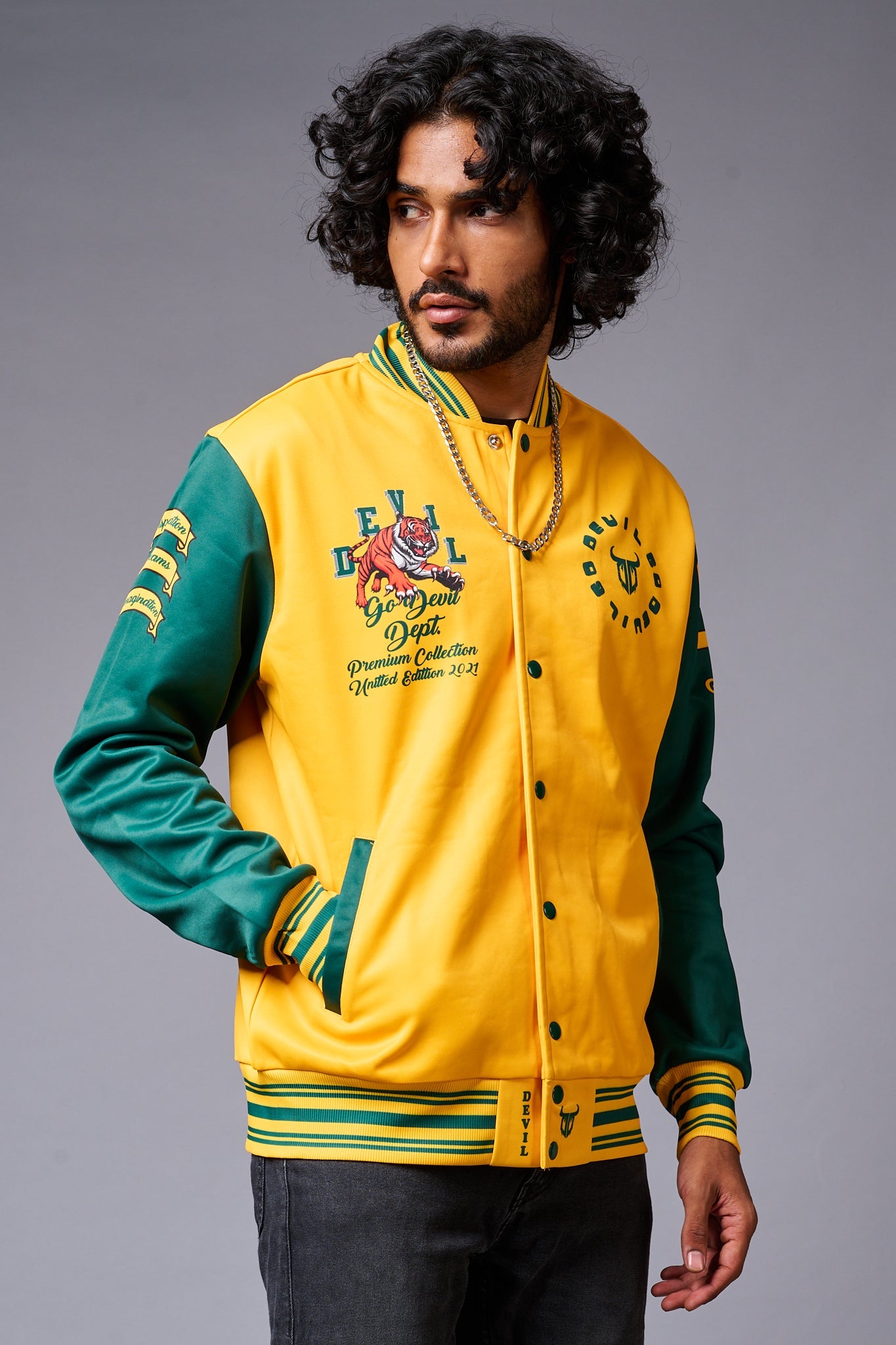 Tiger Printed Yellow & Green Varsity Jacket for Men - Go Devil