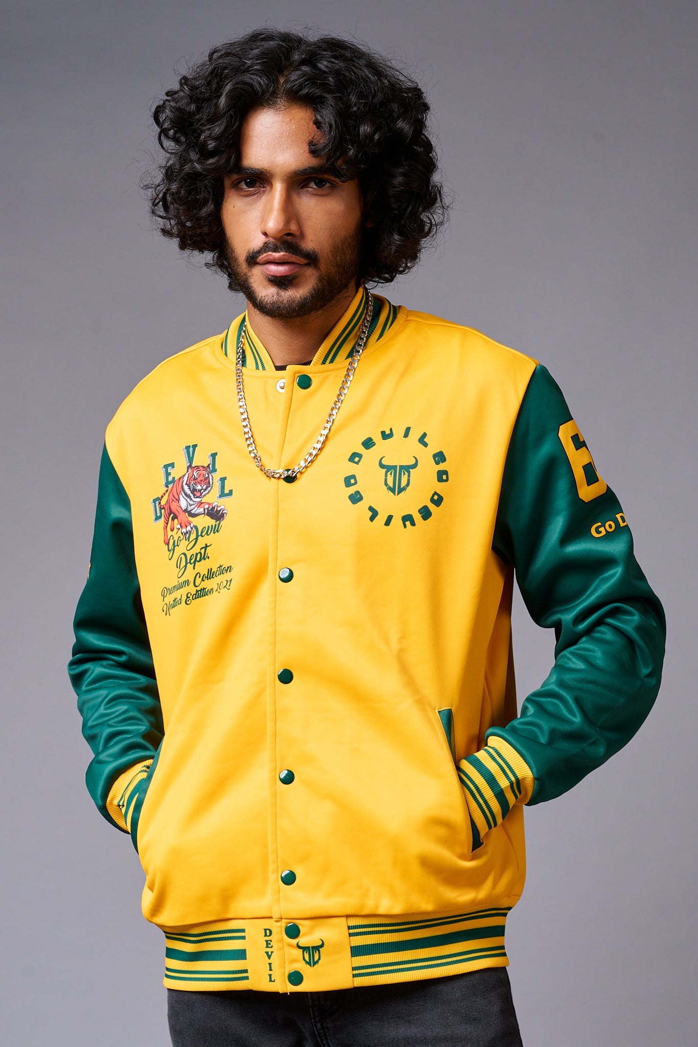 Tiger Printed Yellow & Green Varsity Jacket for Men - Go Devil XL