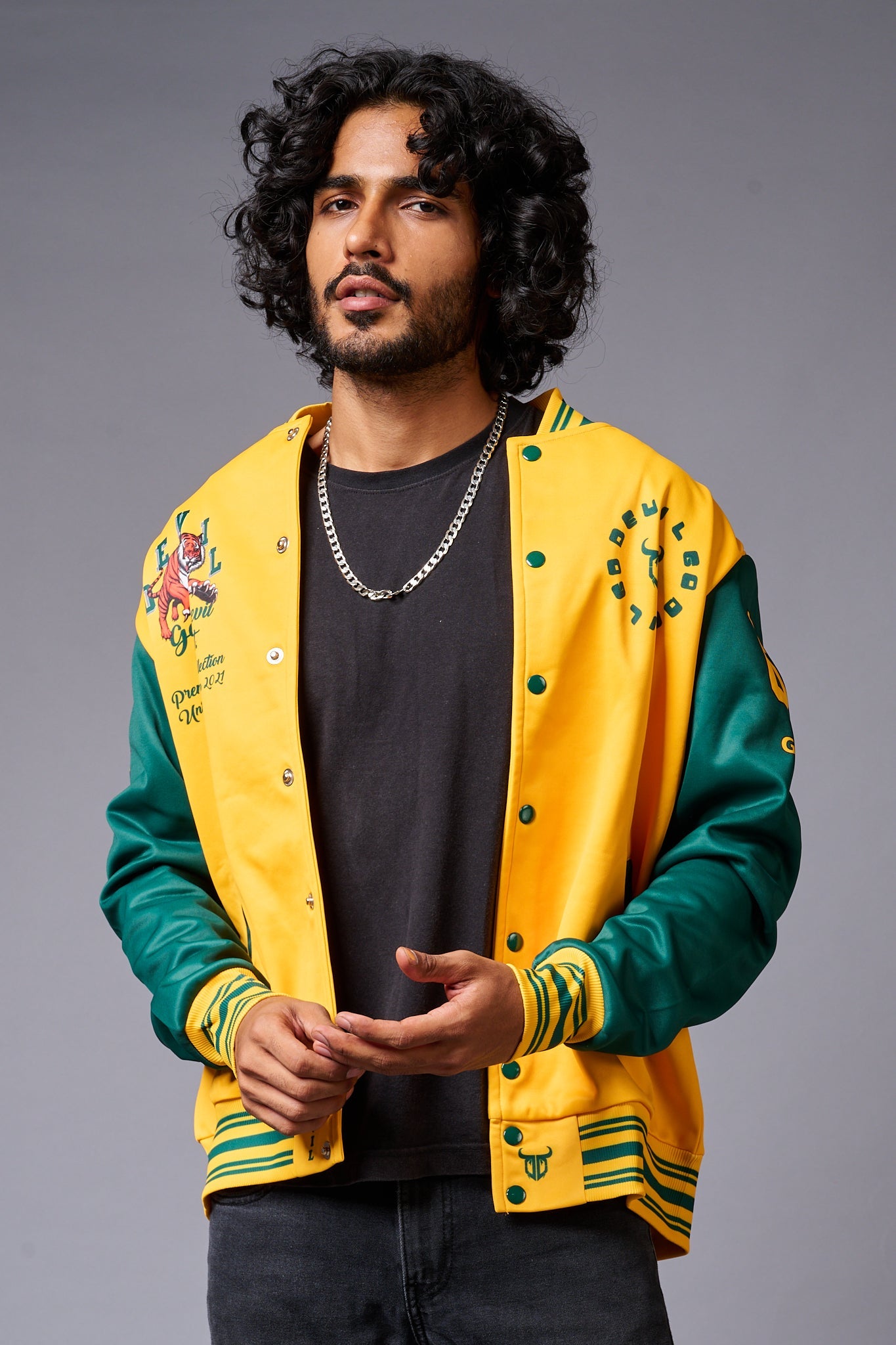 Tiger Printed Yellow & Green Varsity Jacket for Men - Go Devil