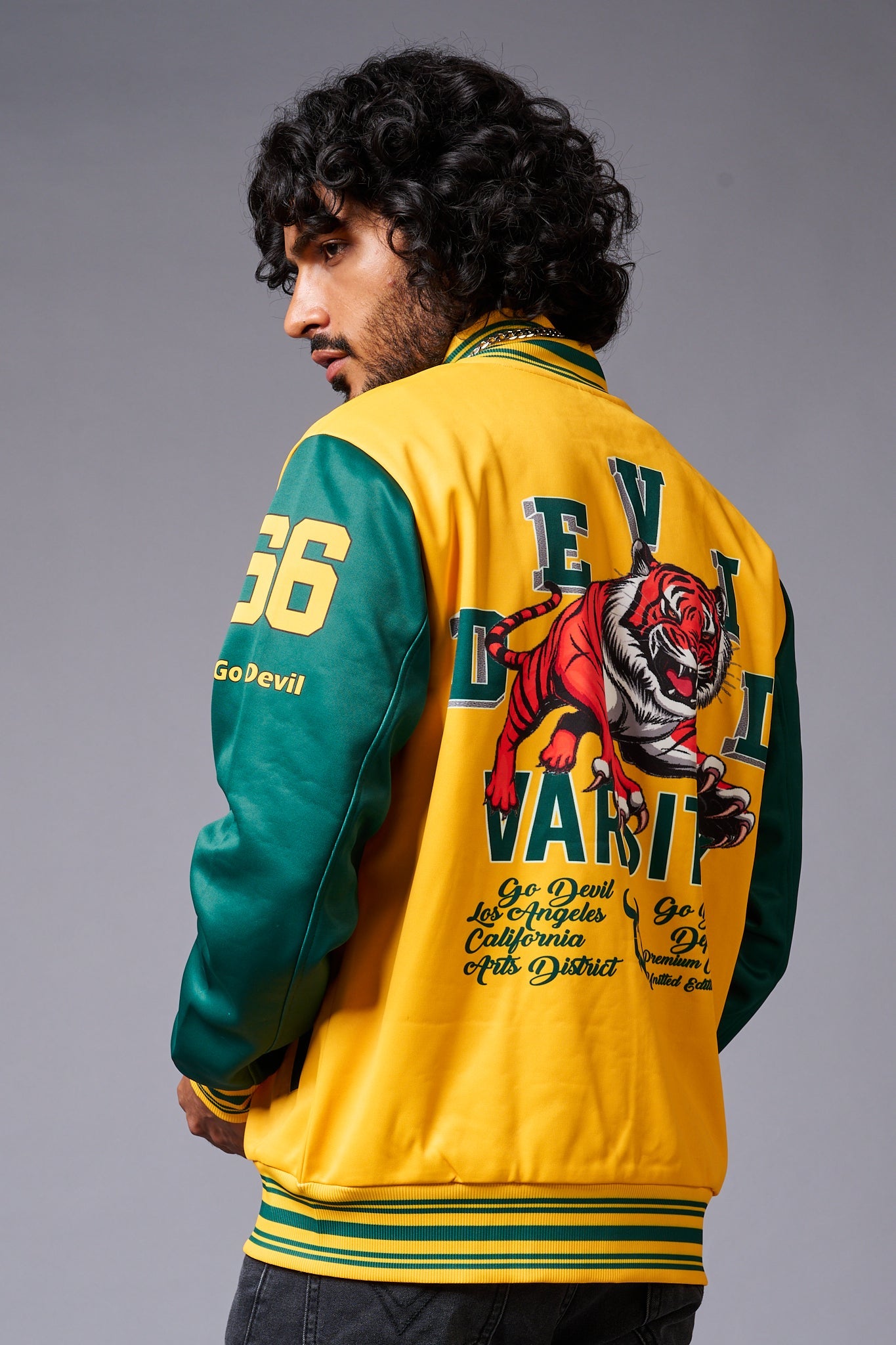 Tiger Printed Yellow & Green Varsity Jacket for Men - Go Devil