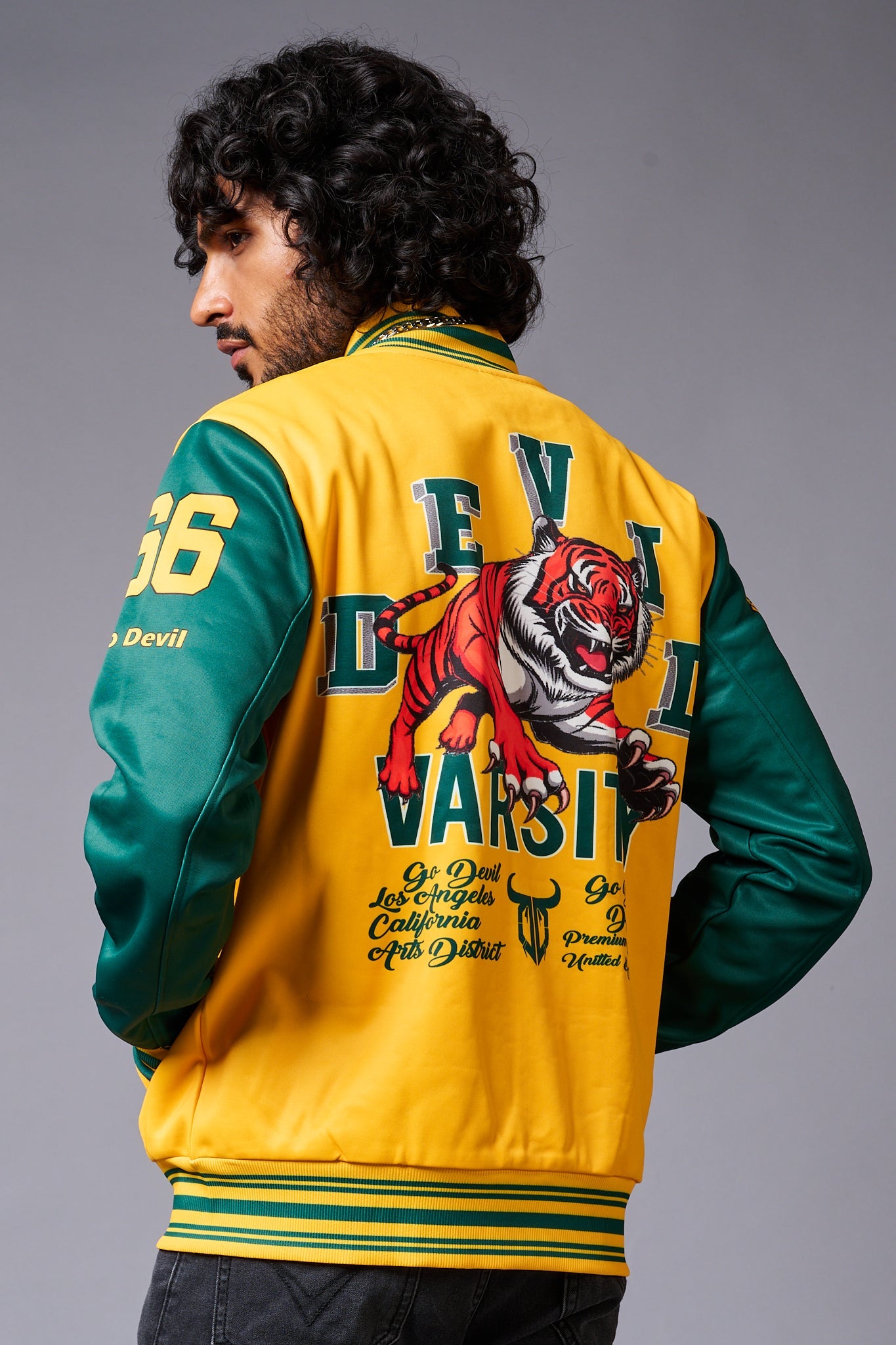 Tiger Printed Yellow & Green Varsity Jacket for Men - Go Devil