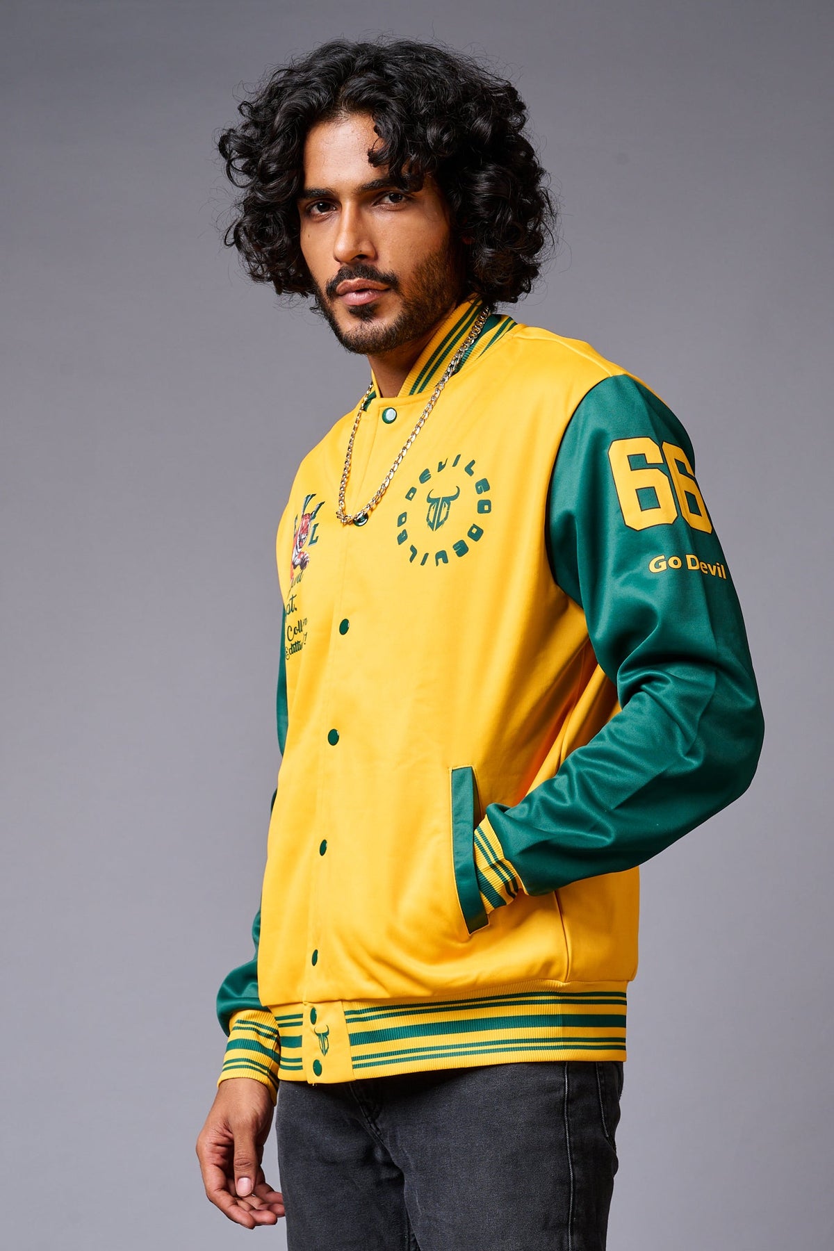 Tiger Printed Yellow & Green Varsity Jacket for Men - Go Devil