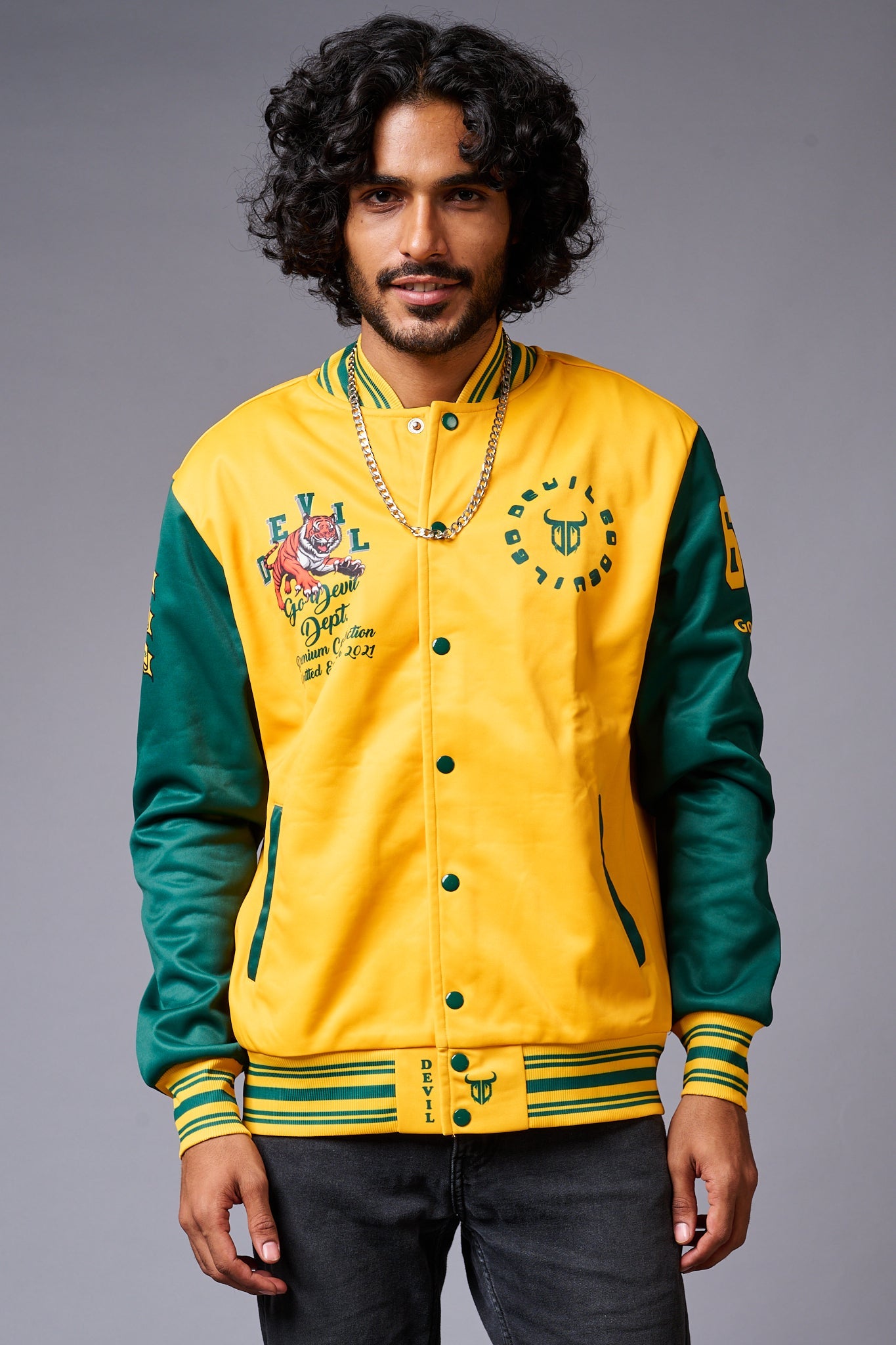Varsity Jacket Cotton Summer Jacket Mens Tiger Printed Yellow
