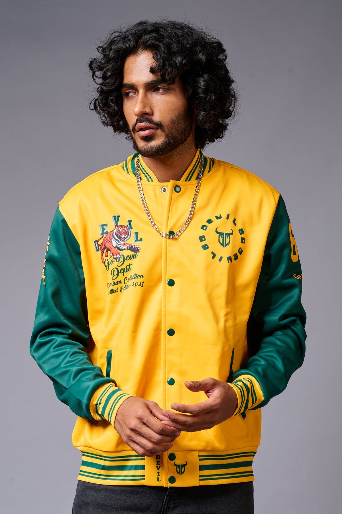 Tiger Printed Yellow & Green Varsity Jacket for Men - Go Devil