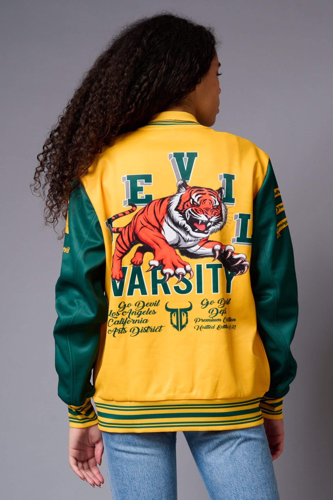 Tiger Printed Yellow & Green Varsity Jacket for Women - Go Devil
