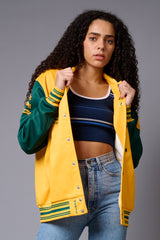 Tiger Printed Yellow & Green Varsity Jacket for Women - Go Devil