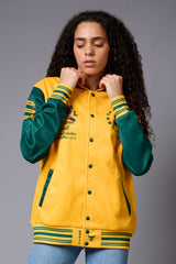 Tiger Printed Yellow & Green Varsity Jacket for Women - Go Devil