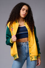 Tiger Printed Yellow & Green Varsity Jacket for Women - Go Devil