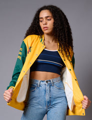 Tiger Printed Yellow & Green Varsity Jacket for Women - Go Devil
