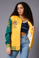 Tiger Printed Yellow & Green Varsity Jacket for Women - Go Devil