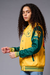 Tiger Printed Yellow & Green Varsity Jacket for Women - Go Devil