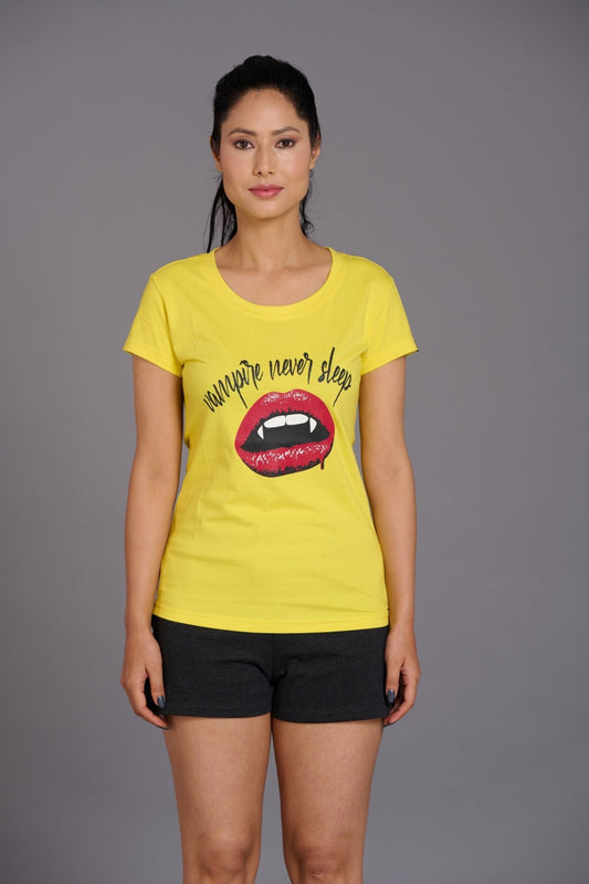 Vampire Never Sleep Printed Yellow Oversized T-Shirt for Women - Go Devil