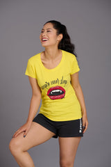 Vampire Never Sleep Printed Yellow Oversized T-Shirt for Women - Go Devil