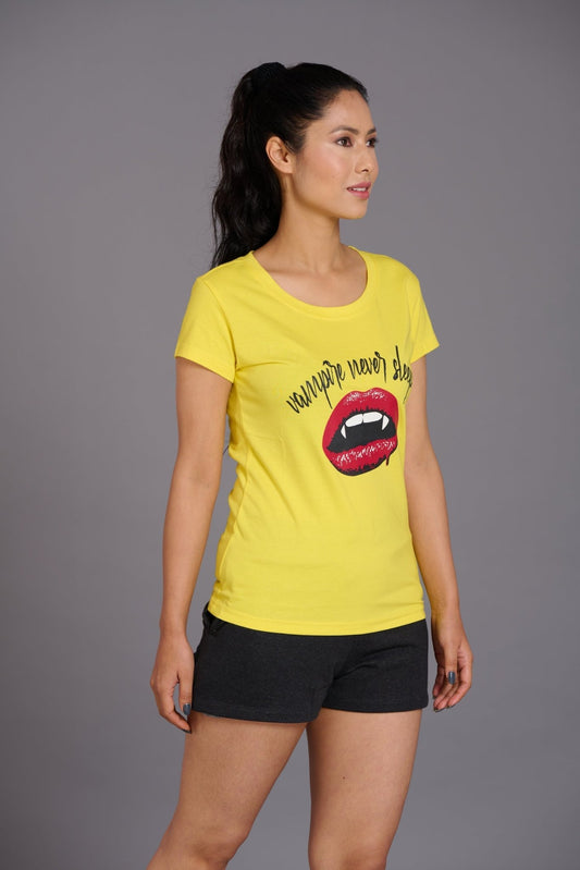 Vampire Never Sleep Printed Yellow Oversized T-Shirt for Women - Go Devil