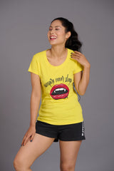 Vampire Never Sleep Printed Yellow Oversized T-Shirt for Women - Go Devil