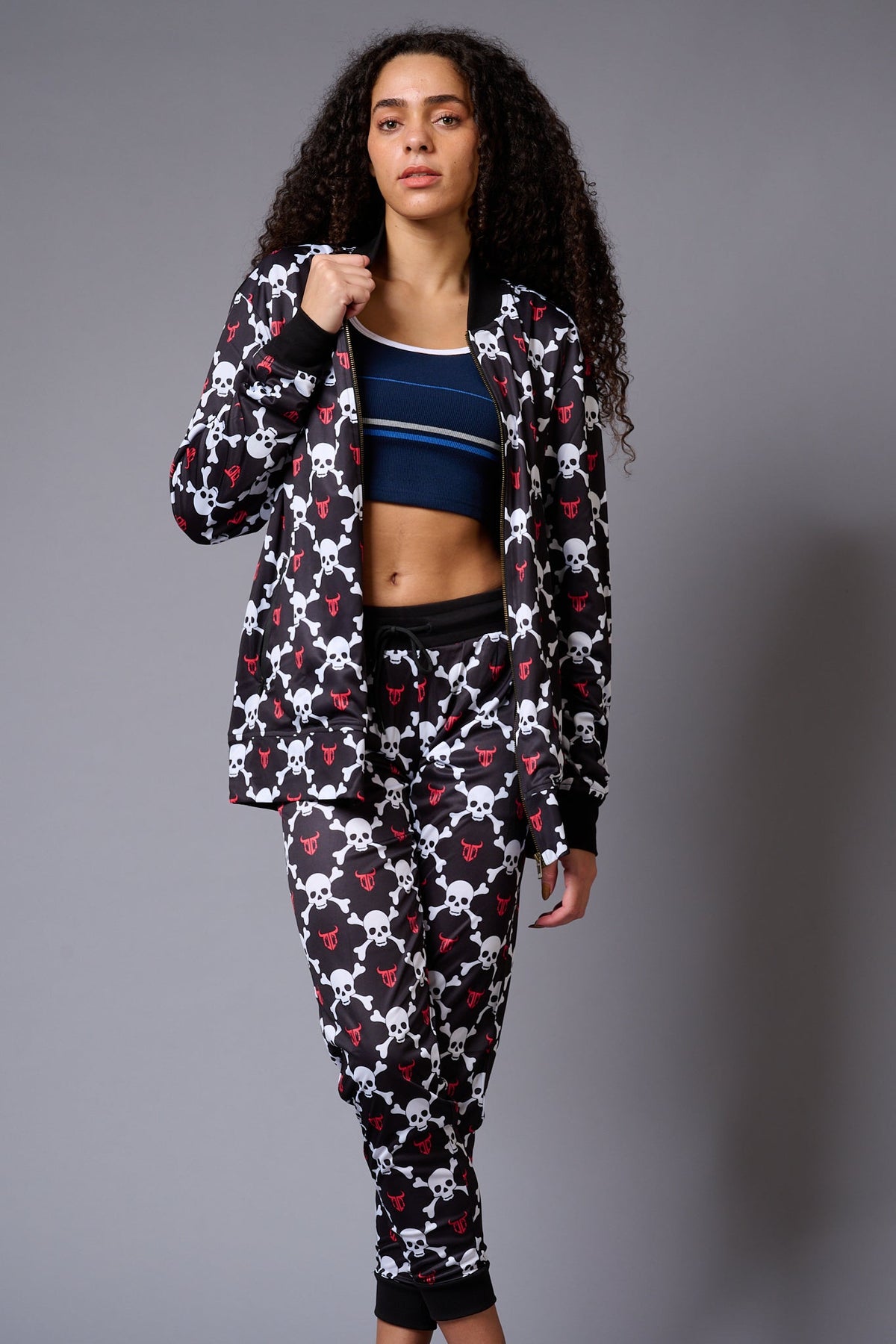 White Skull Printed Black Bomber Style Jacket with Pant Co-ord Set for Women - Go Devil