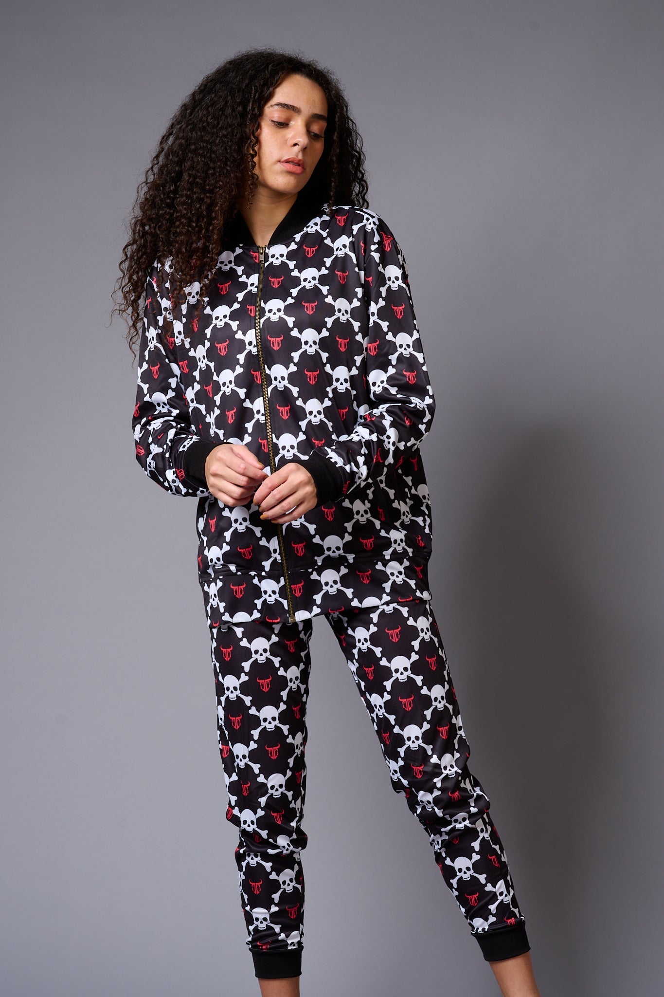 White Skull Printed Black Bomber Style Jacket with Pant Co-ord Set for Women - Go Devil