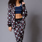 White Skull Printed Black Bomber Style Jacket with Pant Co-ord Set for Women - Go Devil