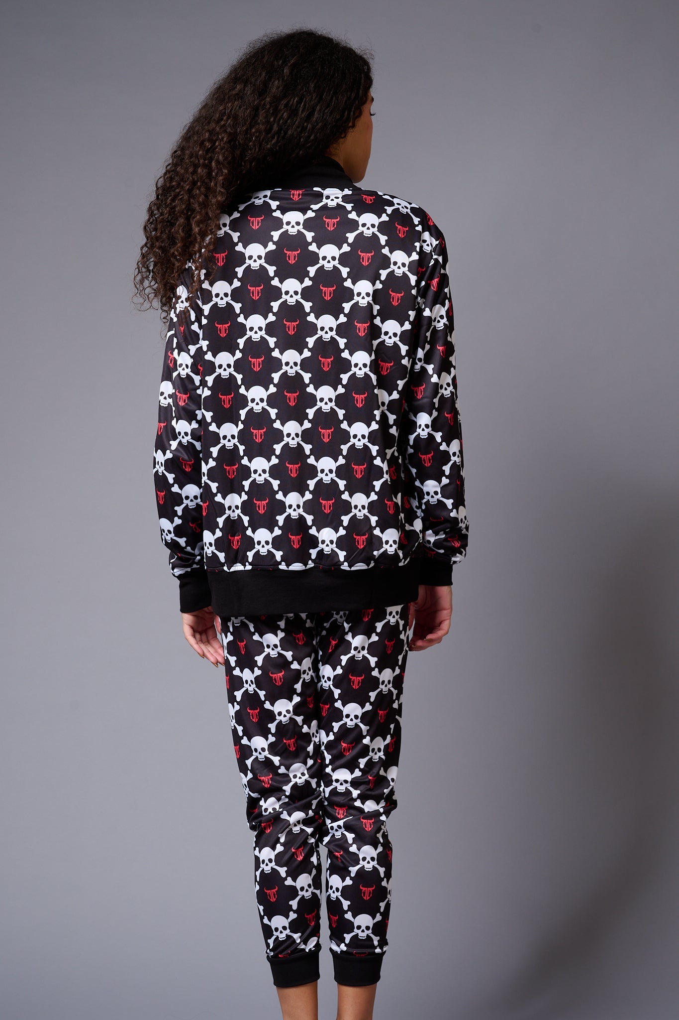 White Skull Printed Black Bomber Style Jacket with Pant Co-ord Set for Women - Go Devil