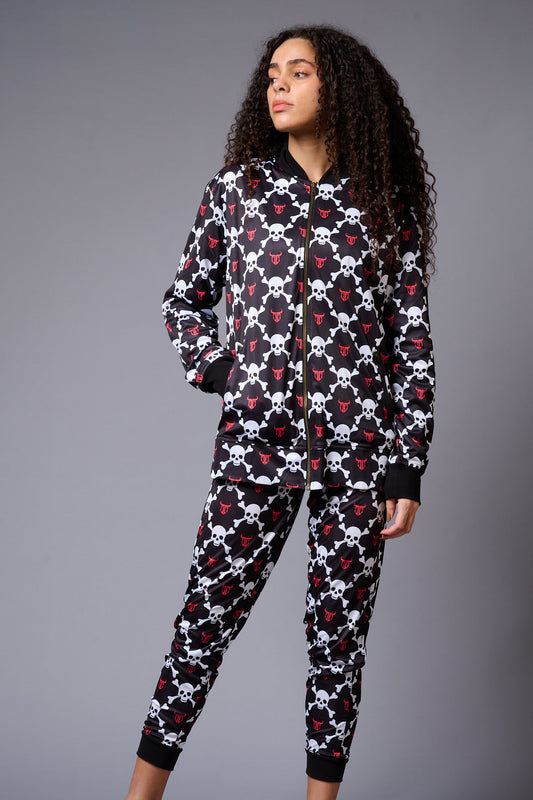 White Skull Printed Black Bomber Style Jacket with Pant Co-ord Set for Women - Go Devil 1365