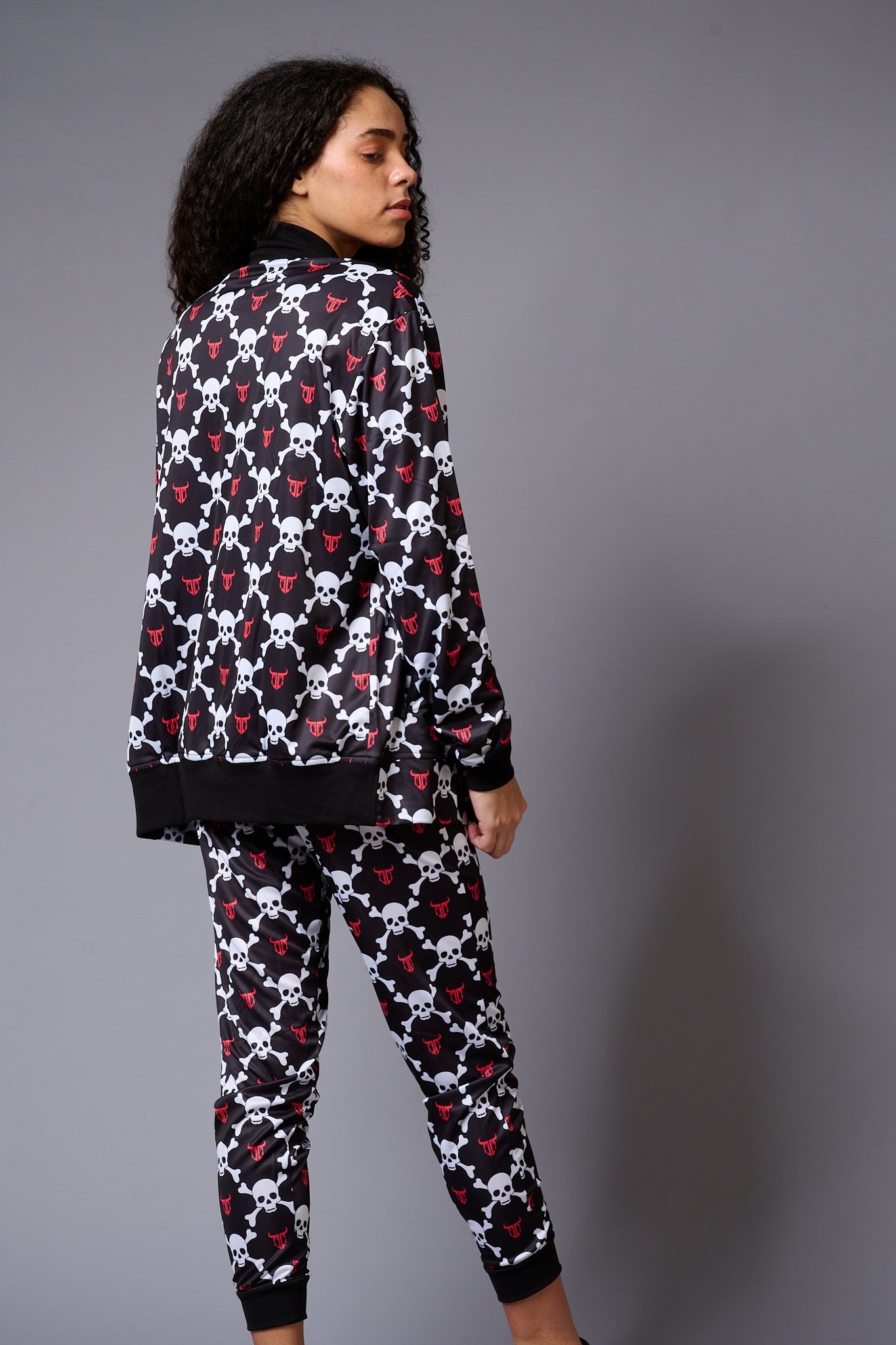 White Skull Printed Black Bomber Style Jacket with Pant Co-ord Set for Women - Go Devil