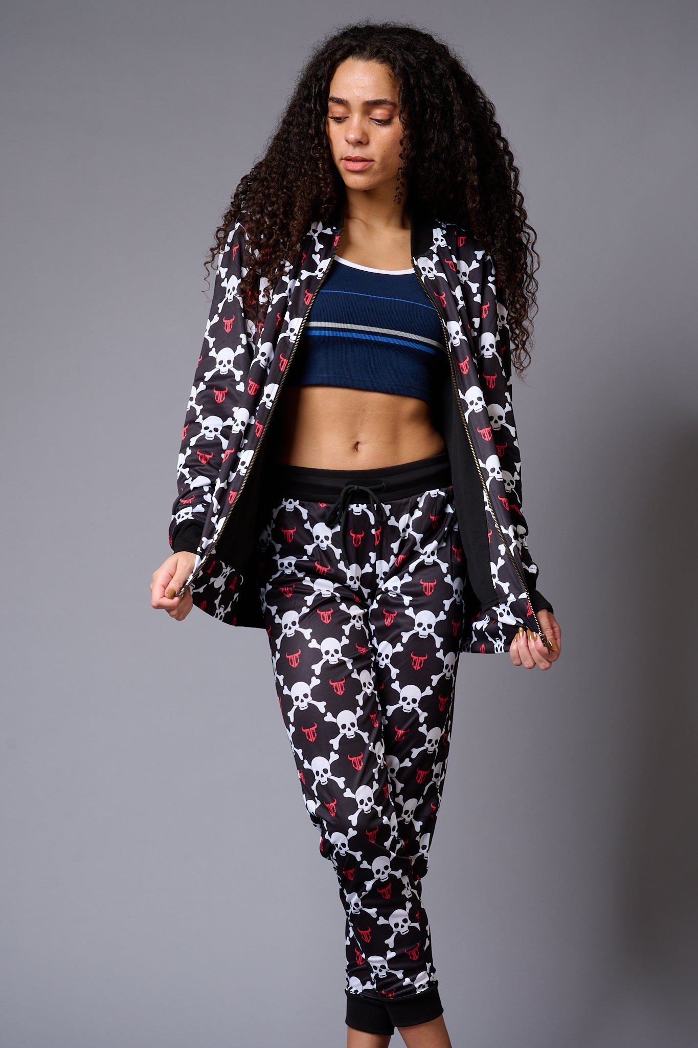 White Skull Printed Black Bomber Style Jacket with Pant Co-ord Set for Women - Go Devil