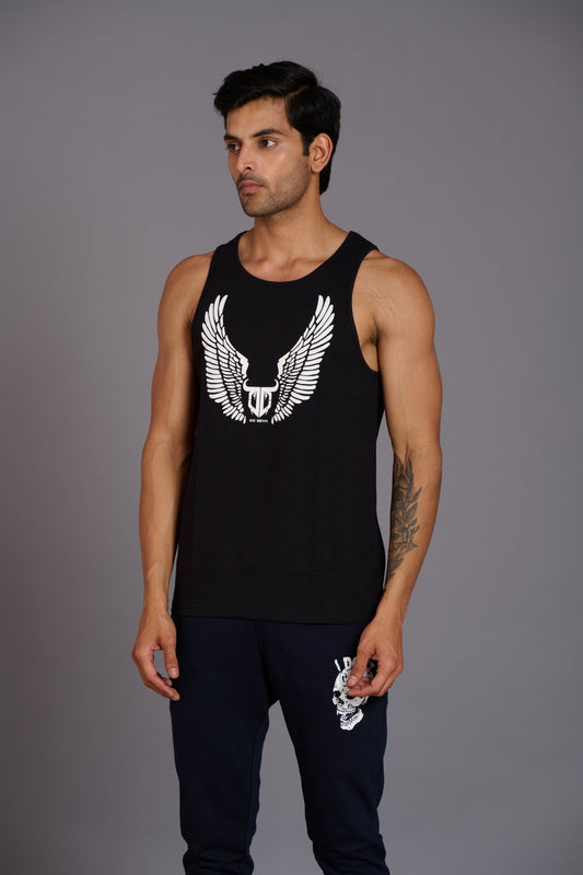 Wings Printed Black Vest (Activewear) for Men - Go Devil