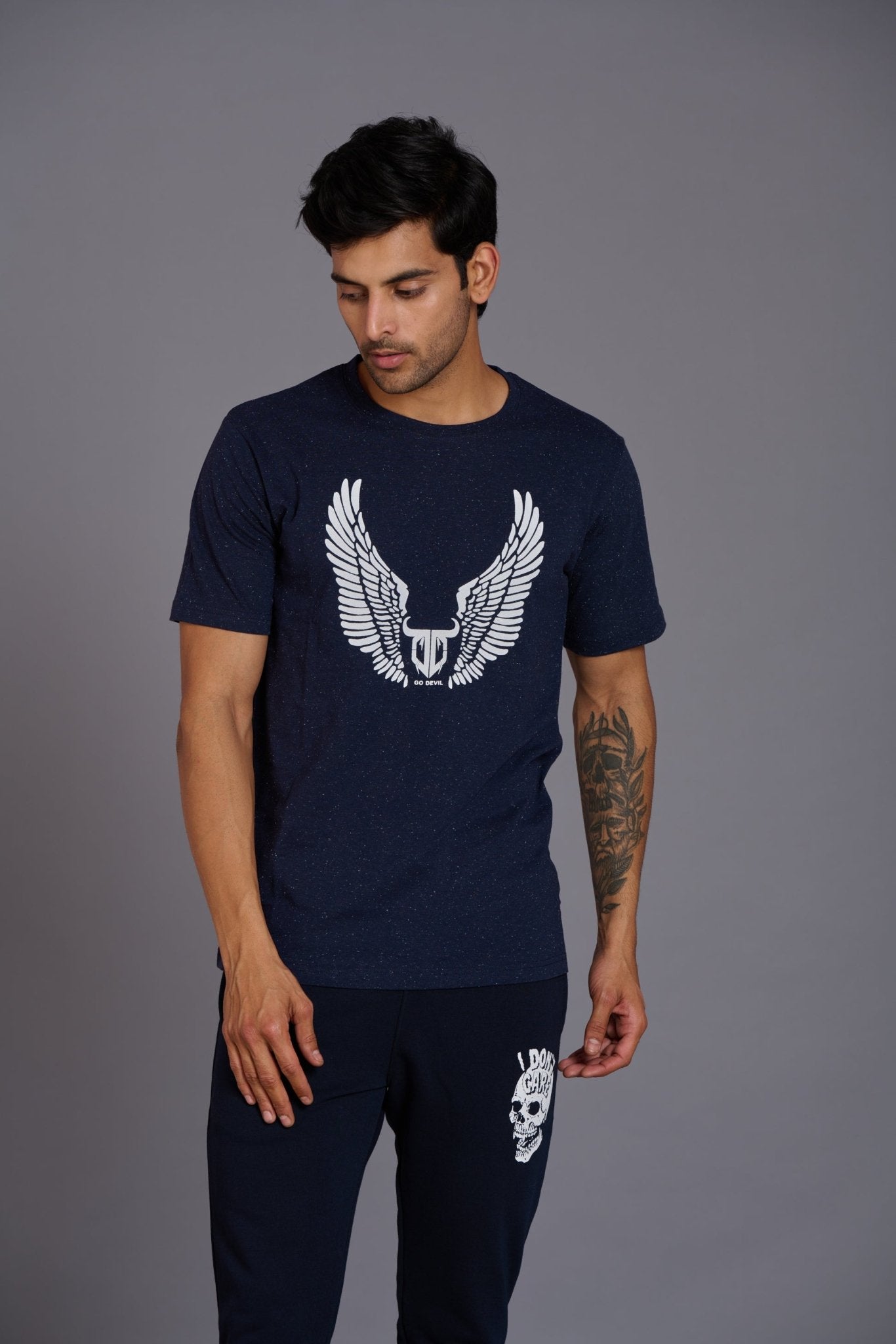 Wings Printed Go devil Navy Blue T-Shirt for Men - Go Devil