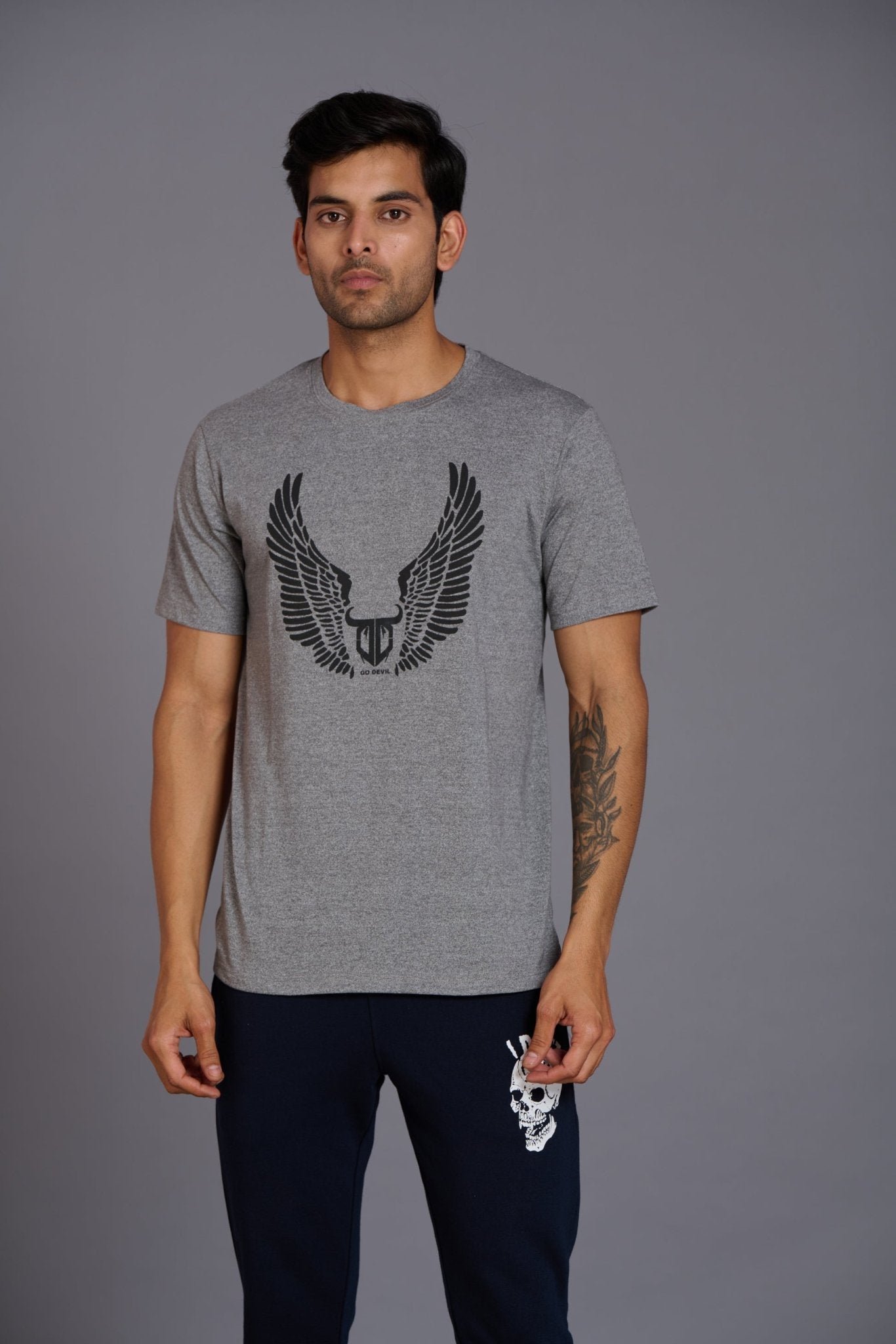 Wings Printed Grey T-Shirt for Men - Go Devil