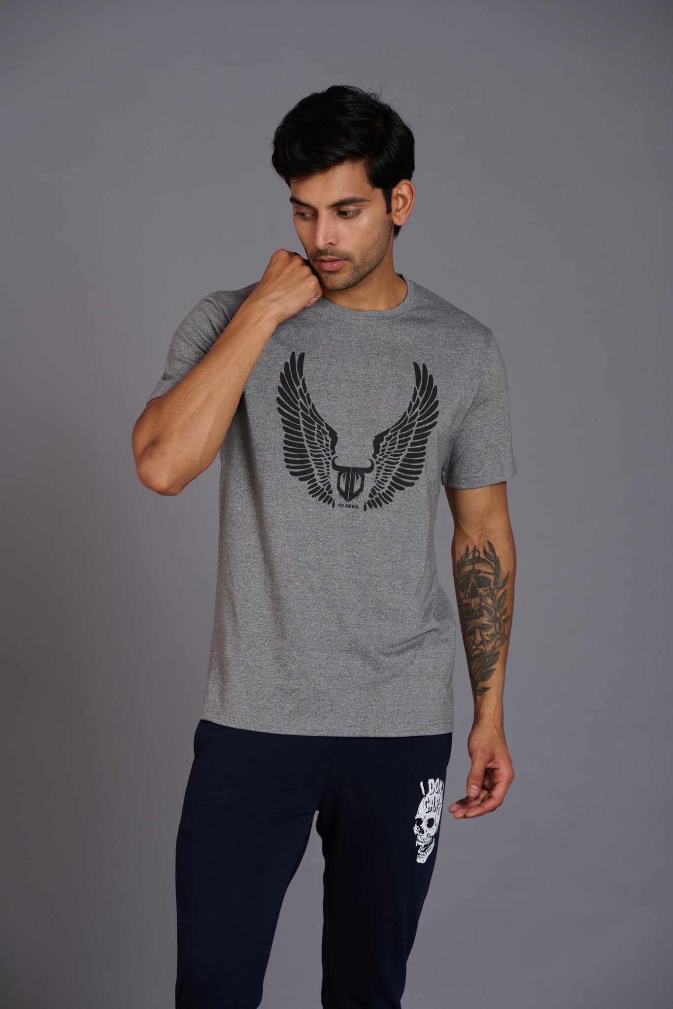 Wings Printed Grey T-Shirt for Men - Go Devil