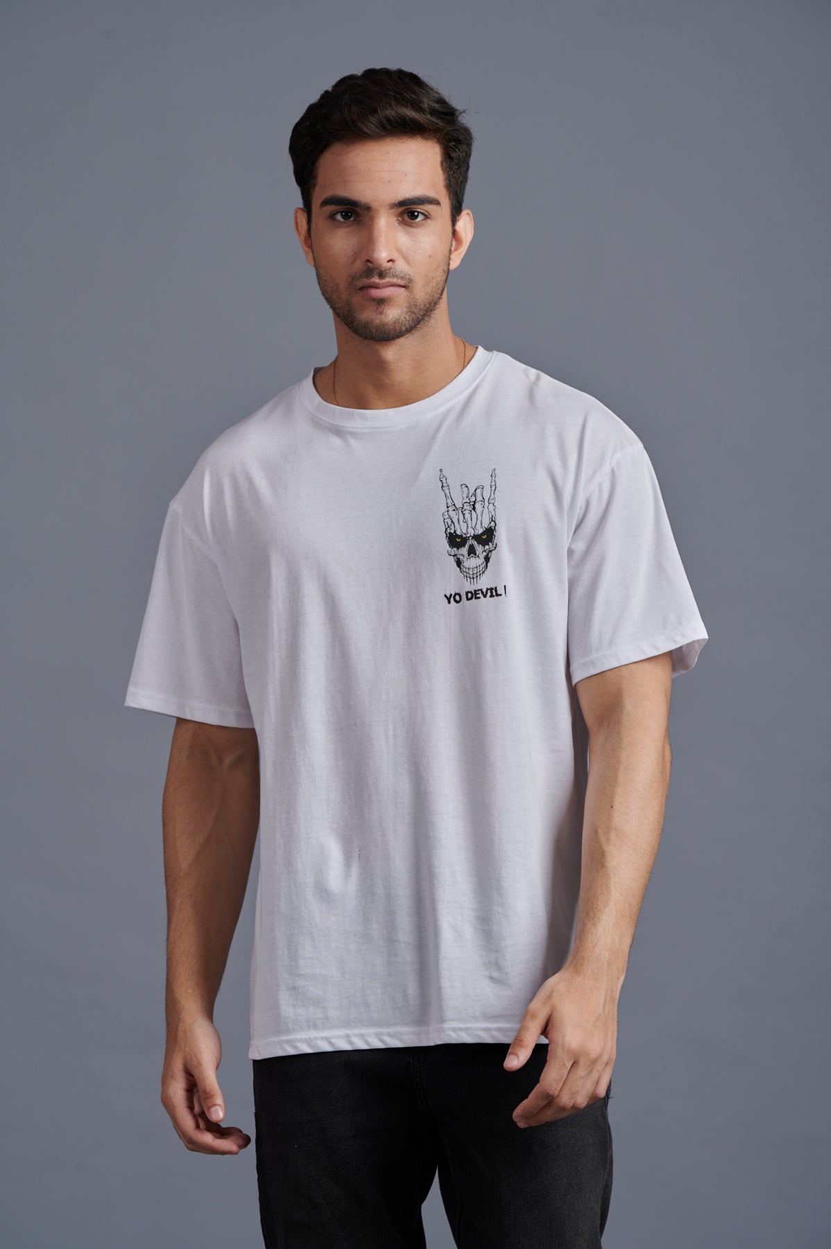 Yo Devil! Printed Oversized White T-Shirt for Men - Go Devil