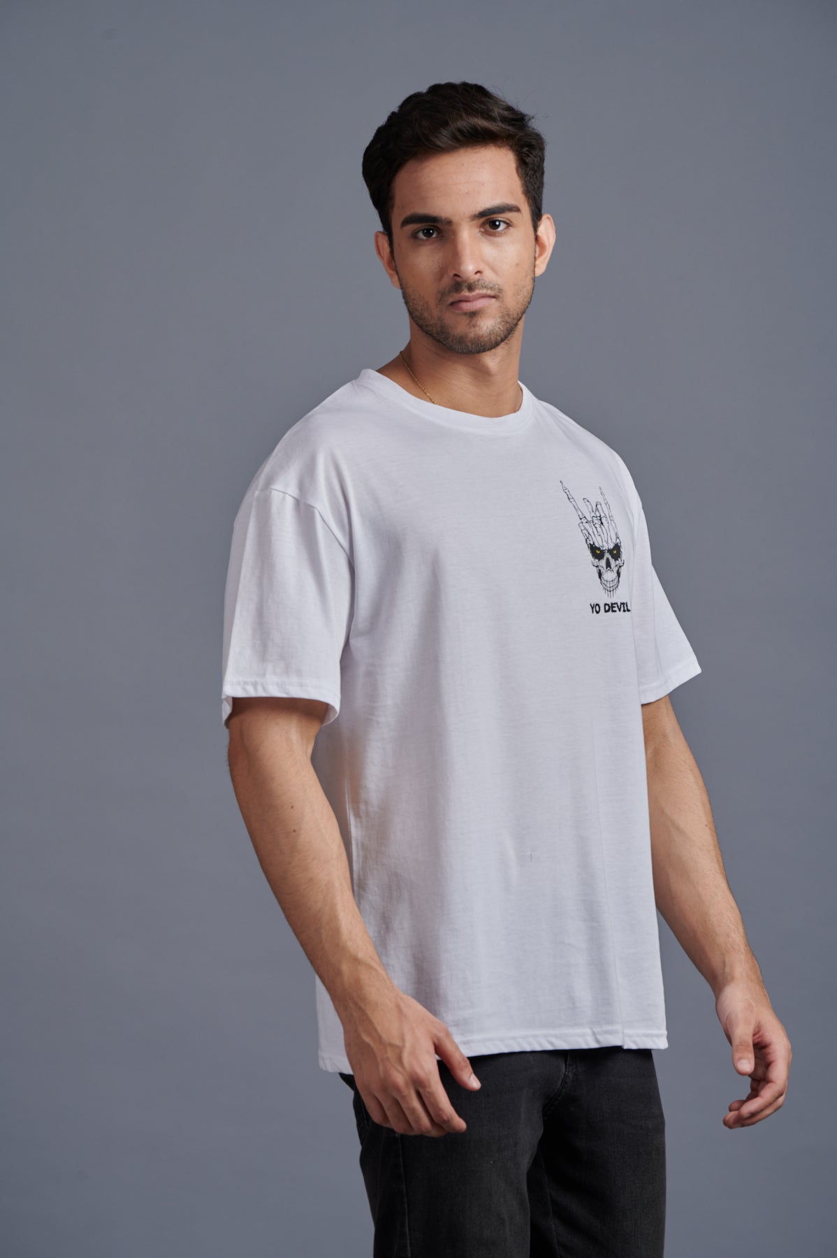 Yo Devil! Printed Oversized White T-Shirt for Men - Go Devil