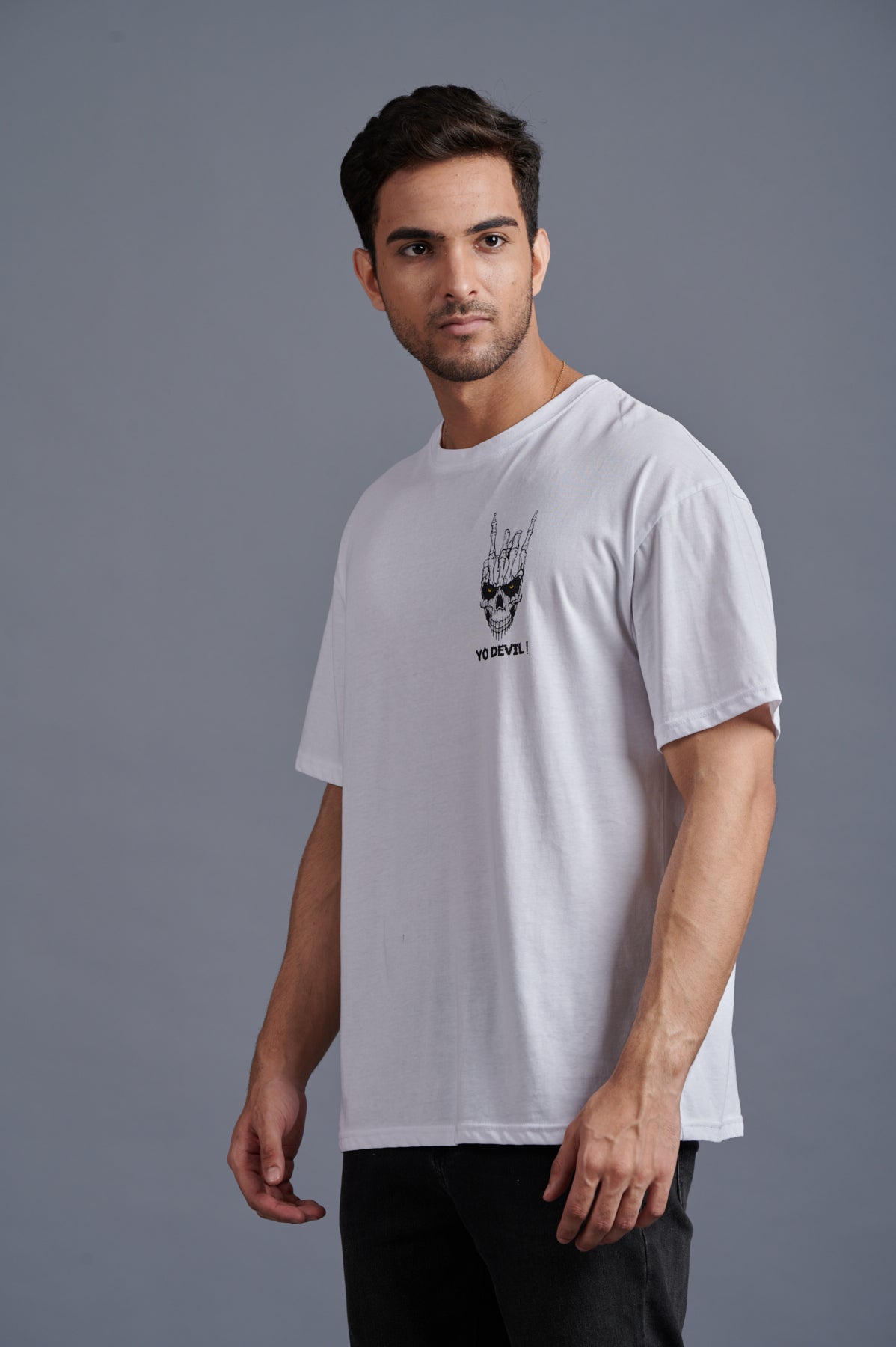 Yo Devil! Printed Oversized White T-Shirt for Men - Go Devil