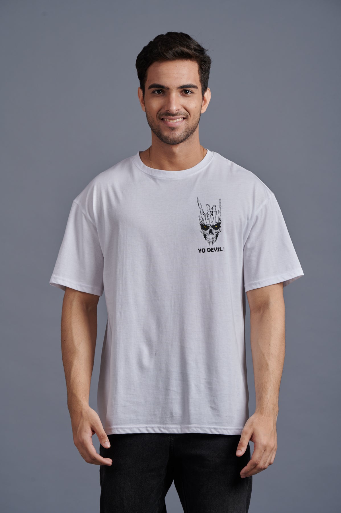 Yo Devil! Printed Oversized White T-Shirt for Men - Go Devil