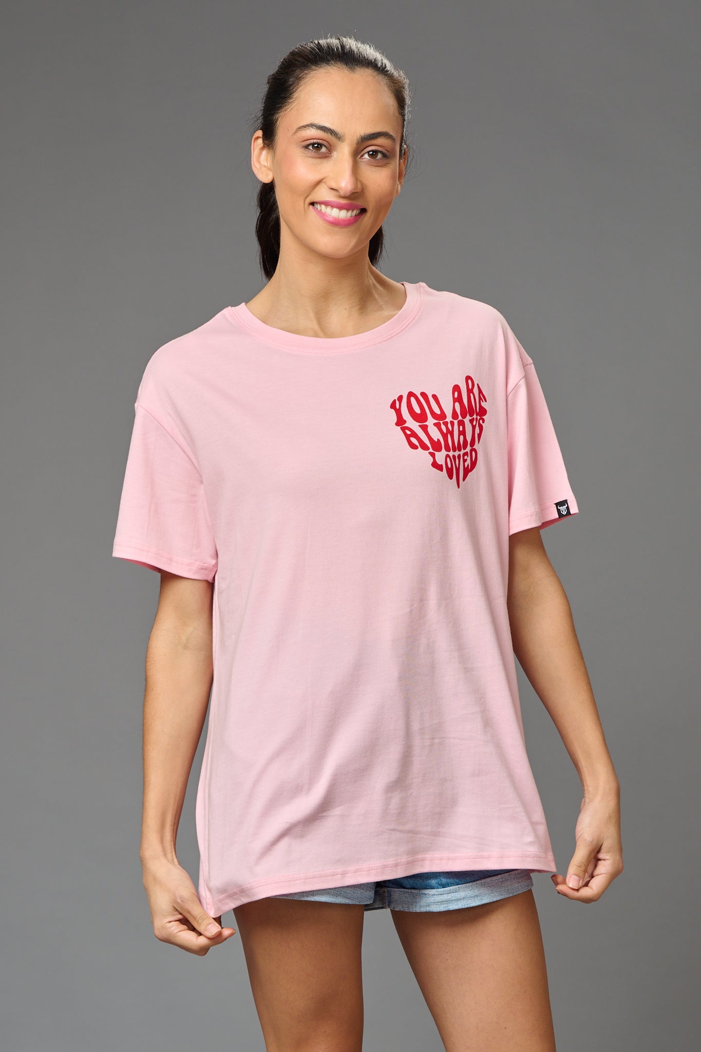 You are Always Loved Printed Baby Pink Oversized T-Shirt for Women - Go Devil